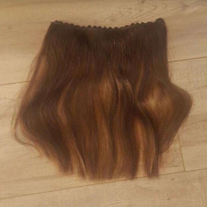 Balmain flip-in echt haar, 2 kleuren bruin, 35cm, Ophalen of Verzenden, Zo goed als nieuw, Pruik of Haarverlenging