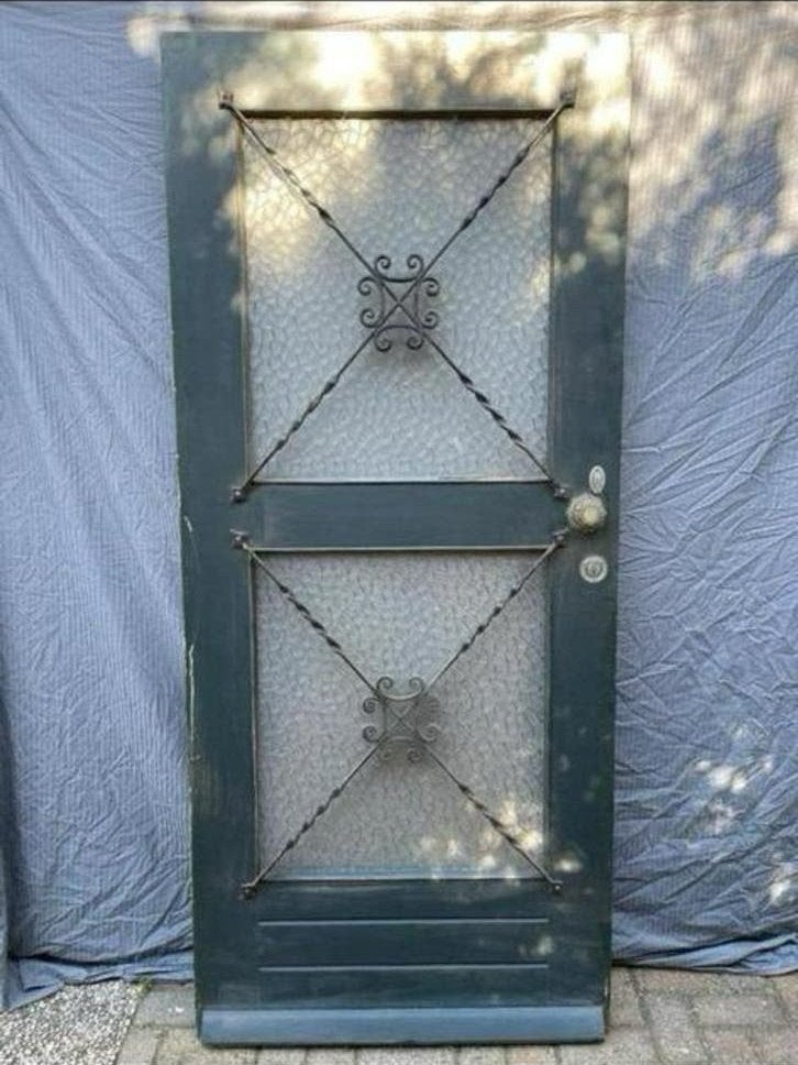 Donkergroene houten merbau voor en achterdeur, Ophalen, Gebruikt, Buitendeur, 200 tot 215 cm