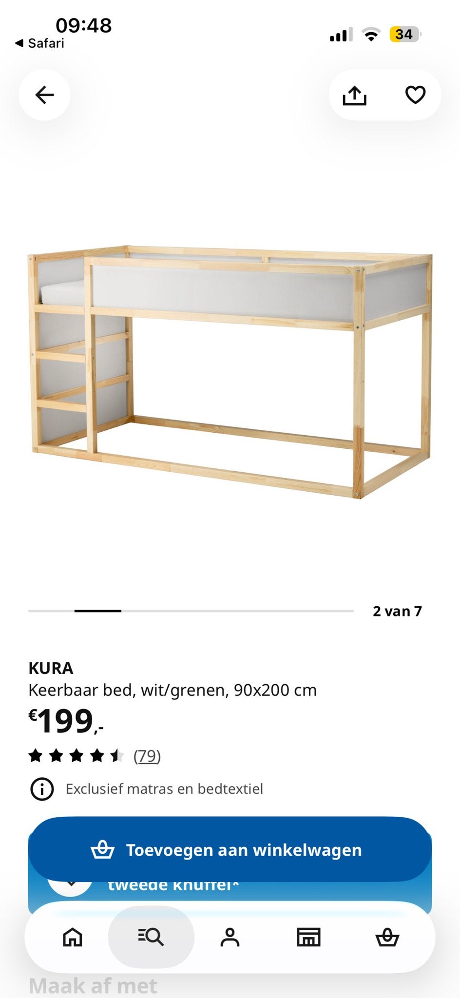 IKEA Kura bed, wit/grenen, 90x200 cm - Goede staat, Gebruikt, Eenpersoons, Ophalen of Verzenden, 200 cm