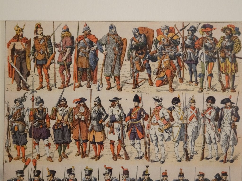 Kleurrijke litho van militairen kleding mode door de eeuwen, Antiek en Kunst, Kunst | Litho's en Zeefdrukken, Origineel, Verzenden