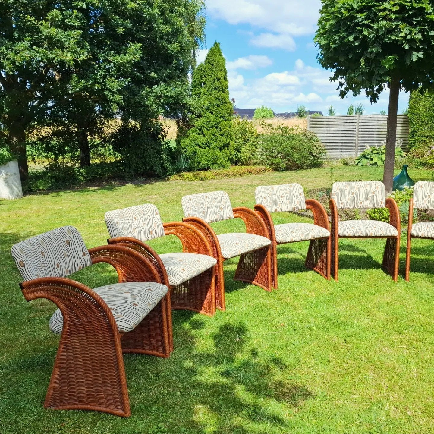 Set van 6 Vintage Postmoderne Rotan Sledestoelen, Huis en Inrichting, Ophalen, Bruin, Zo goed als nieuw, Stof