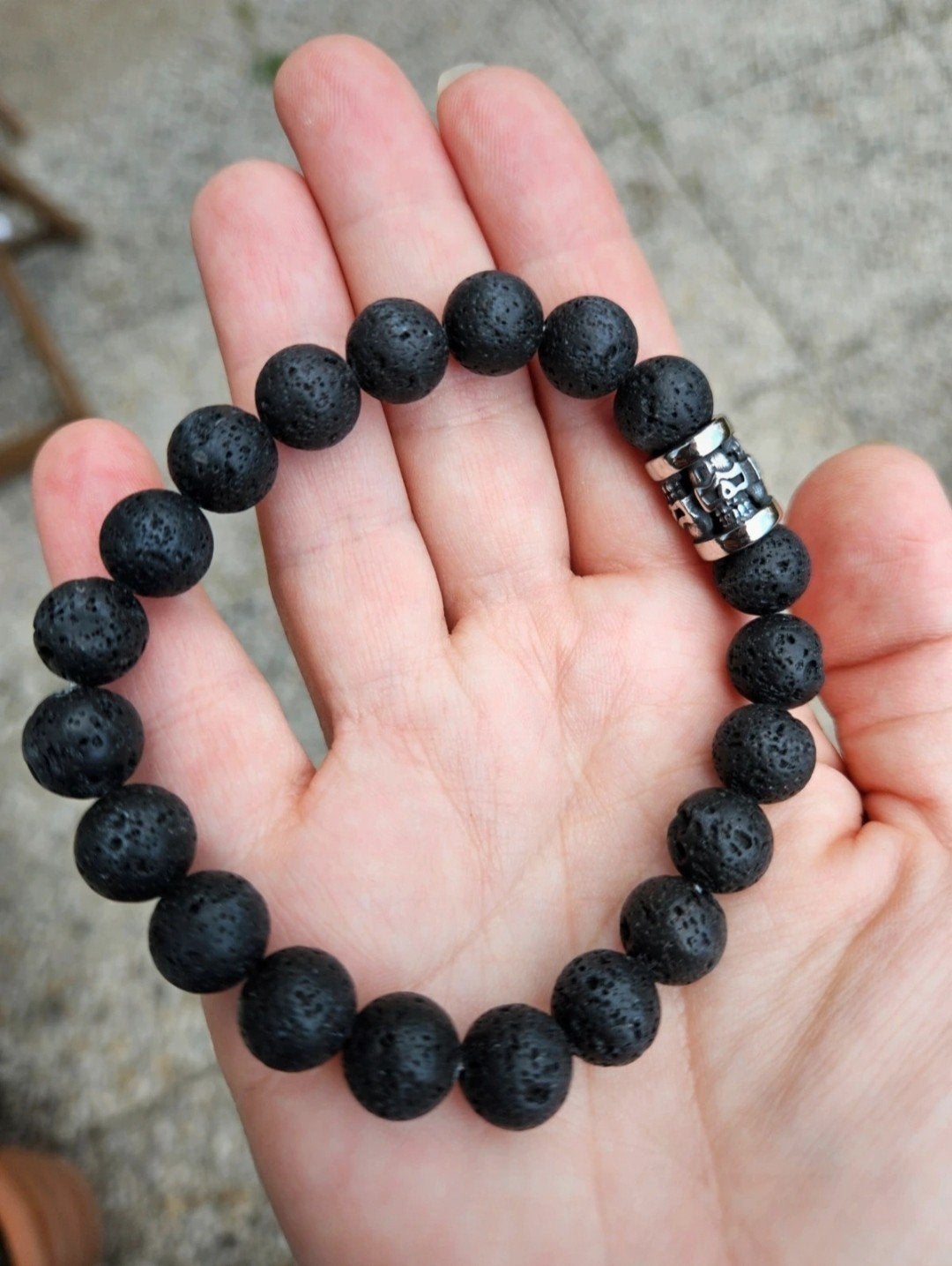 Zwarte lavastenen skull rvs heren armband, Met bedels of kralen, Staal, Zwart, Nieuw