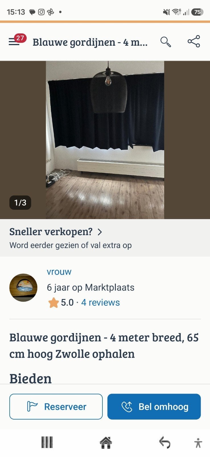 Blauwe gordijnen - 4 meter breed, 65 cm hoog, Huis en Inrichting, Ophalen, Zo goed als nieuw, Blauw, Gordijn