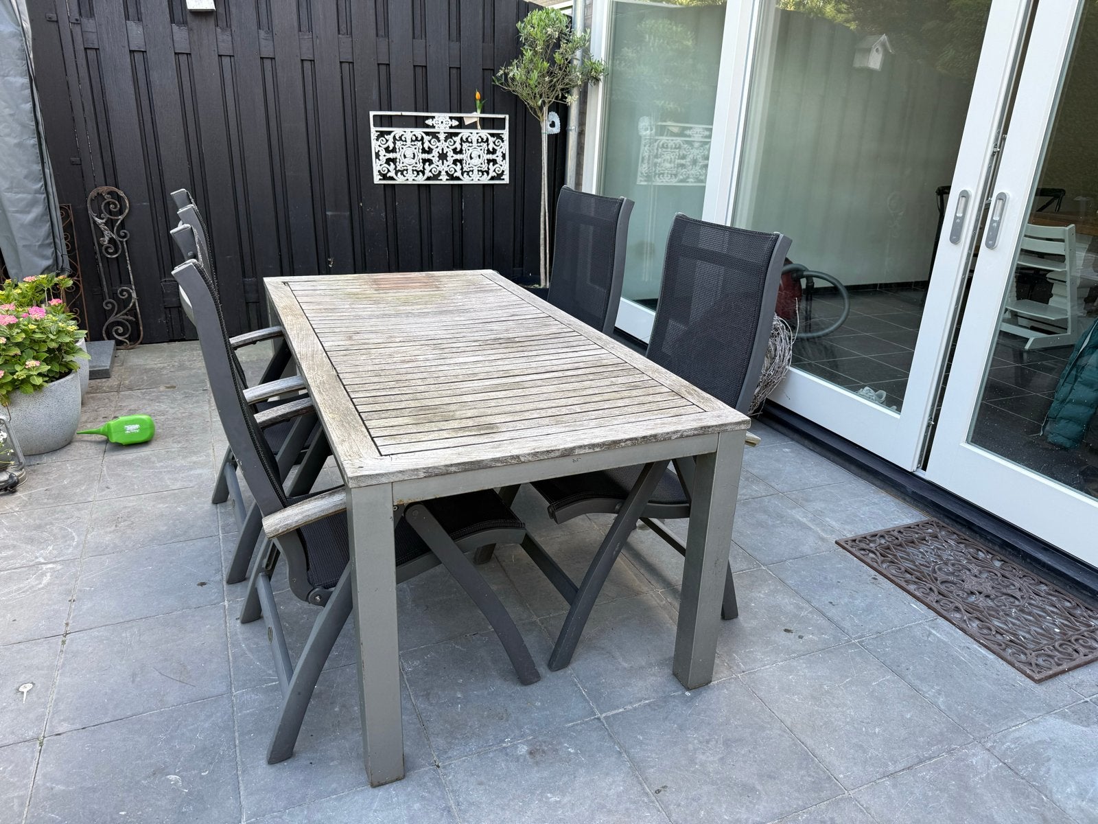 Tuinset met Teakhouten Tafel en 4 Verstelbare je Stoelen, Ophalen, 4 zitplaatsen, Gebruikt, Eettafel
