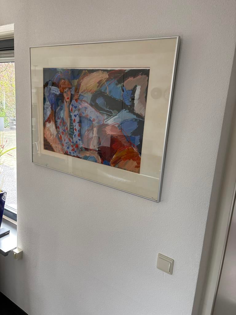 Aquarel Annemarie de Groot - Vrouw met kat (1986), Antiek en Kunst, Ophalen of Verzenden