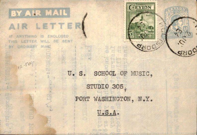 Ceylon - Aerogramme - met inhoud - 1954, Verzenden, Envelop