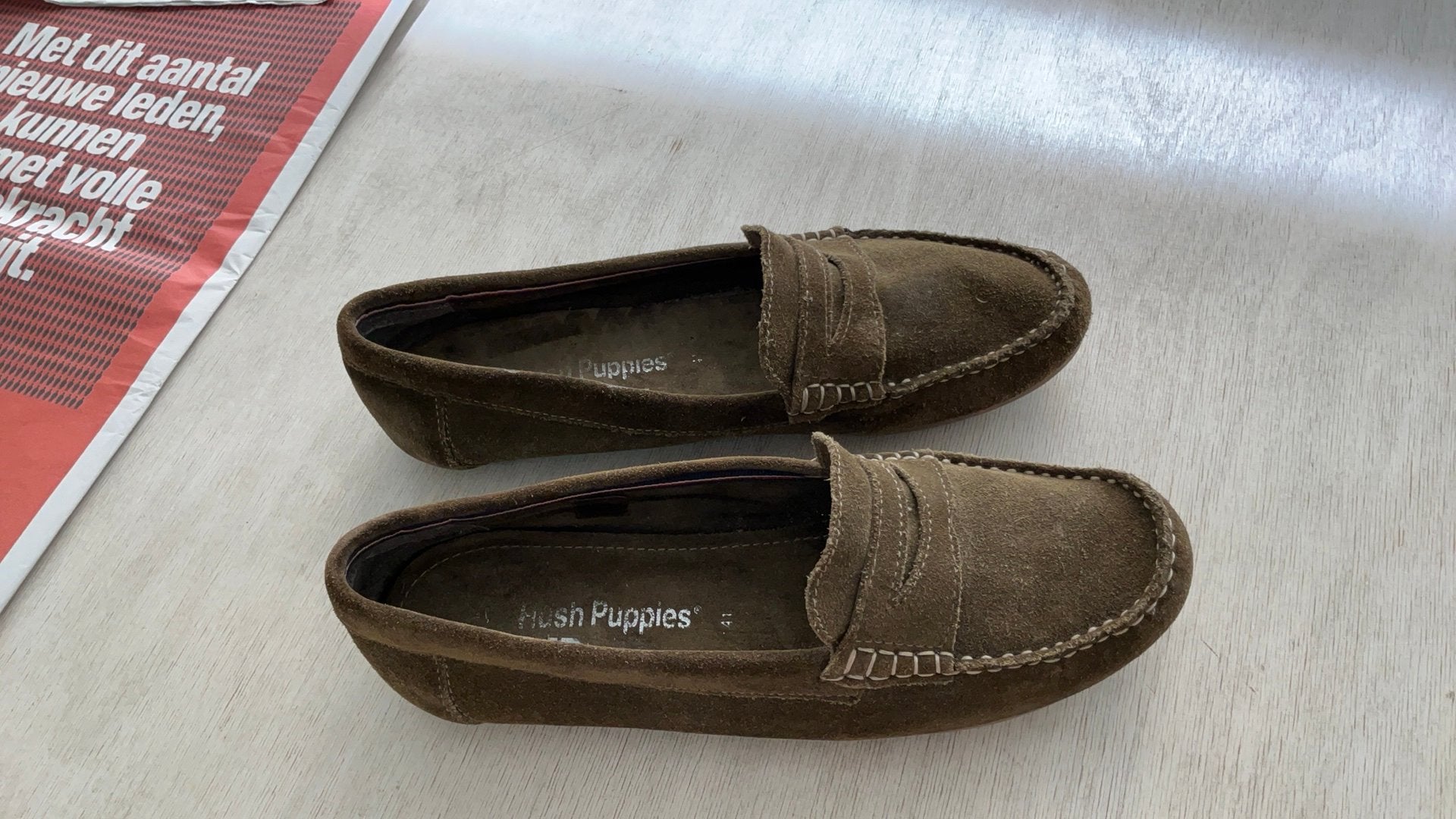 Hush Puppies suède instappers - olijfgroen  Maat 41, Instappers, Ophalen of Verzenden, Zo goed als nieuw, Groen