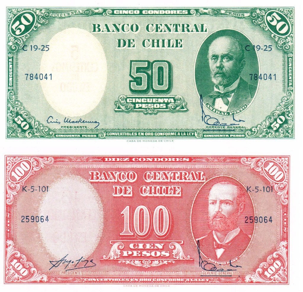 Chili 5 en 10 centesimos op 50 en 100 pesos 1960-61 - UNC, Verzenden, Zuid-Amerika, Setje