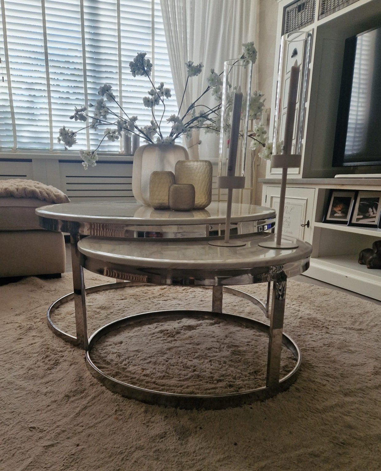 Mooie marmeren salontafel set - Rond, beige/wit, Ophalen, 50 tot 100 cm, Rond, 50 tot 100 cm