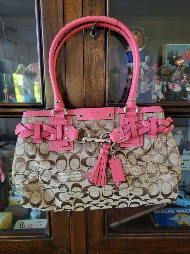 Coach handtas bruin logo met roze, stof en leer, nieuw, Ophalen of Verzenden, Nieuw, Bruin, Handtas