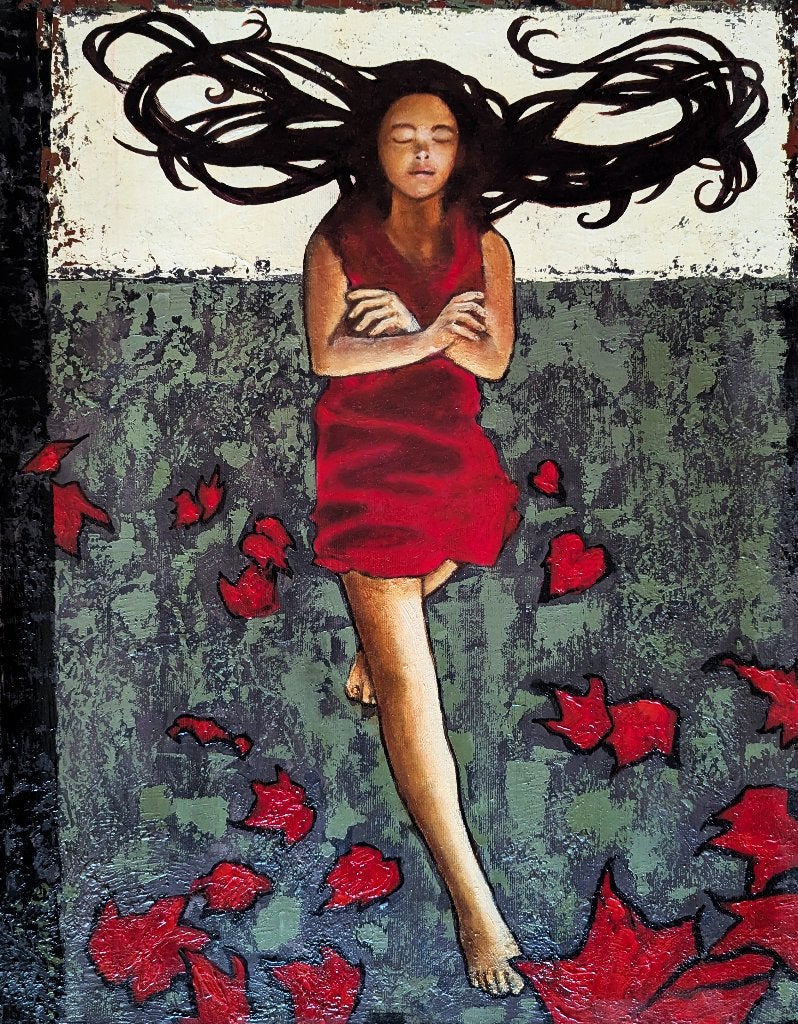 "Levitation" Surrealistisch schilderij, Antiek en Kunst, Verzenden, Textiel, Echtheidscertificaat, Olieverf