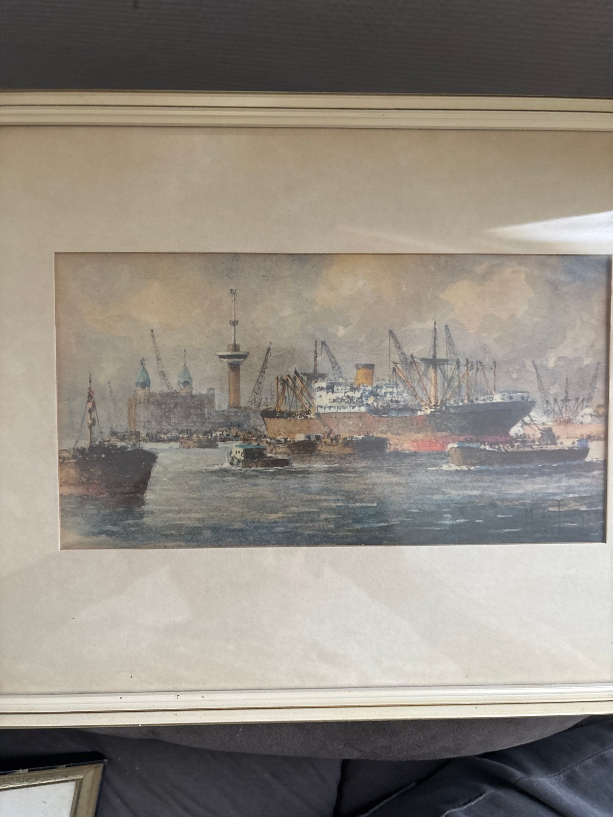 Maritiem schilderij: Haven met schepen en kranen, Ophalen, Maritiem / water, Papier, Ingelijst