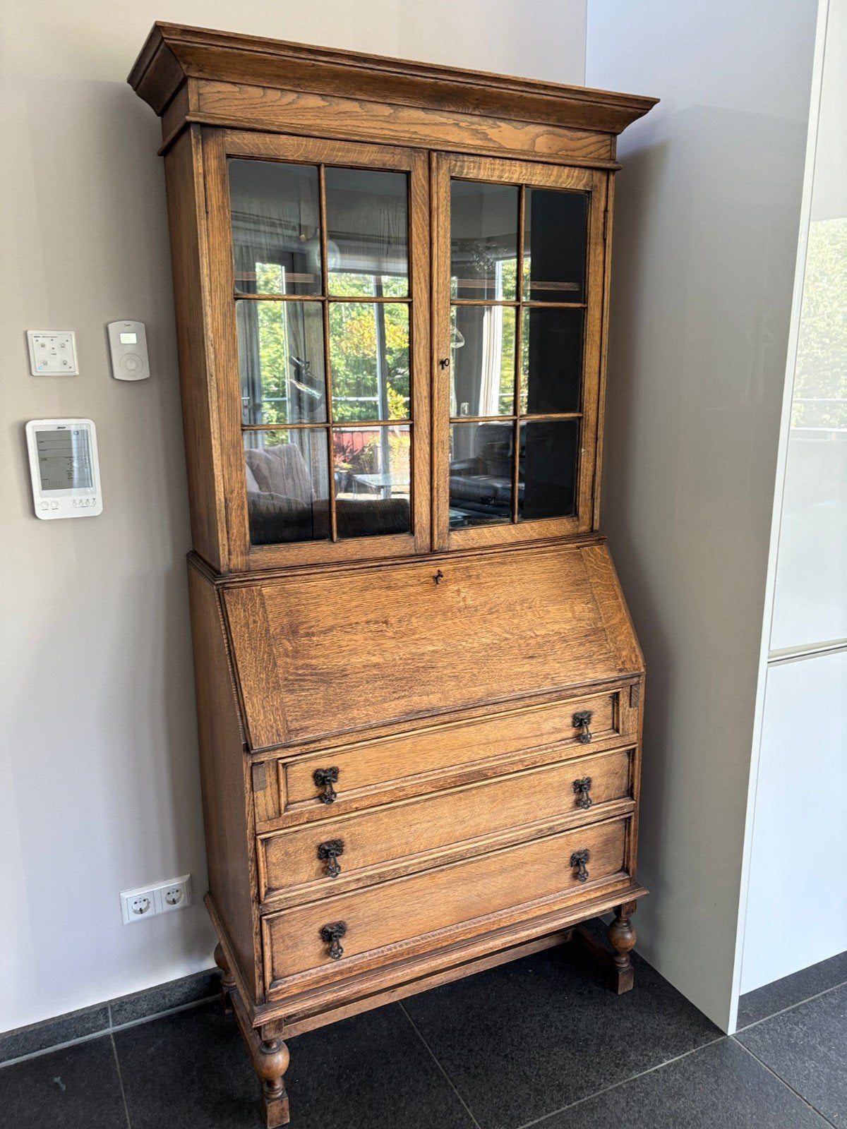 Antiek Eiken Kabinet Kastje / Secretaire met Vitrine, Antiek en Kunst, Antiek | Meubels | Kasten, Ophalen of Verzenden