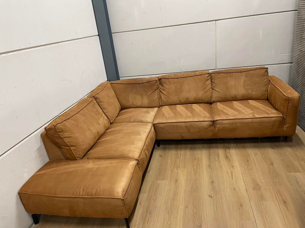 Mooie luxe suede cognac bruine hoekbank - GEREINIGD!!!