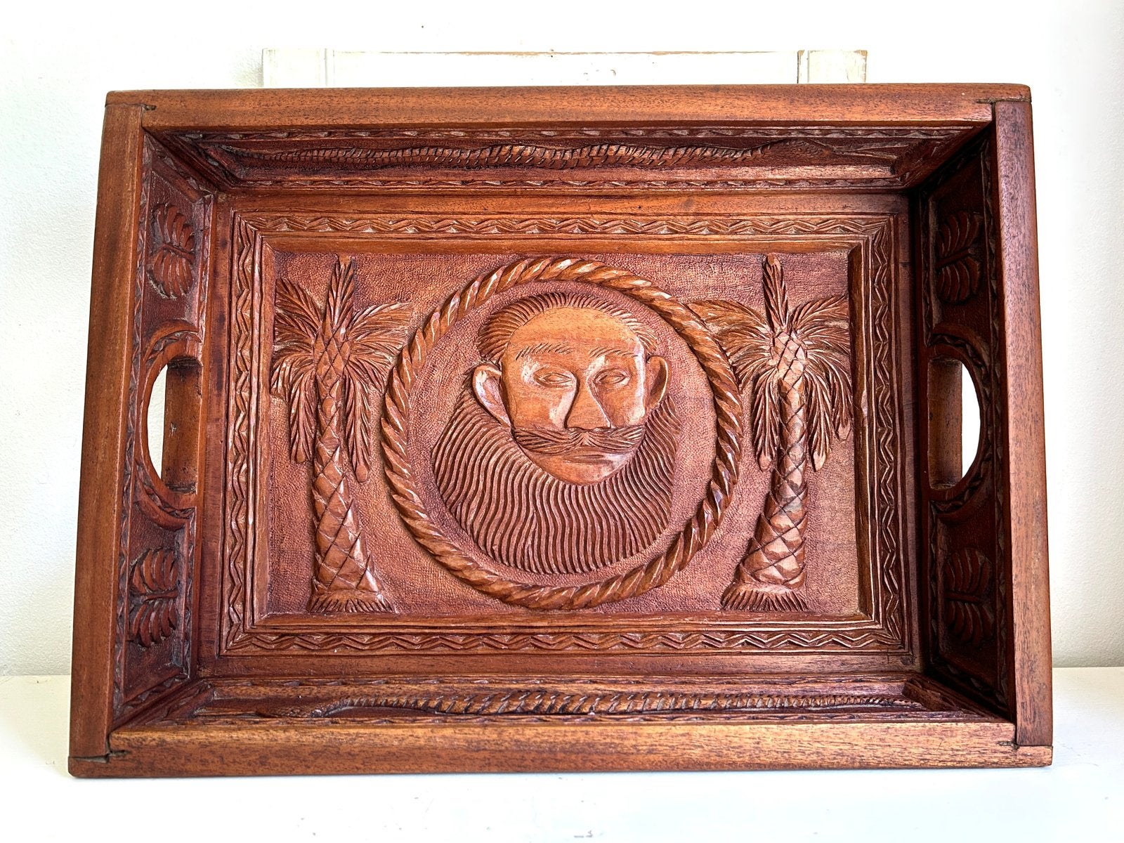 Vintage houtsnijwerk dienblad Azie 50x36 cm, Ophalen, Rechthoekig, Hout