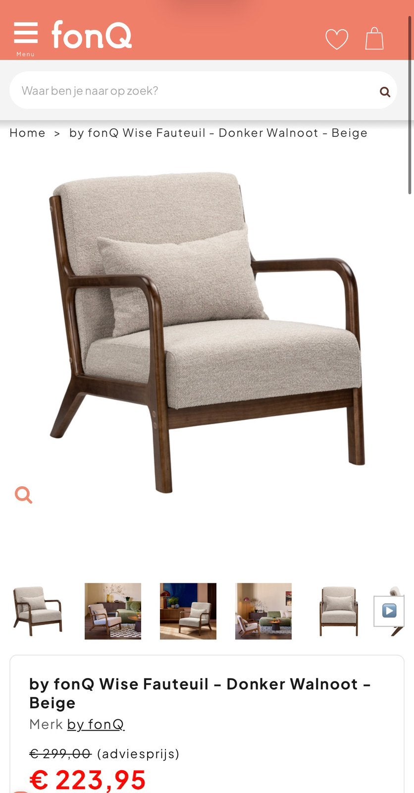 by fonQ Wise Fauteuil - Donker Walnoot - Beige, Huis en Inrichting, Fauteuils, Ophalen, Zo goed als nieuw, Minder dan 75 cm, 50 tot 75 cm