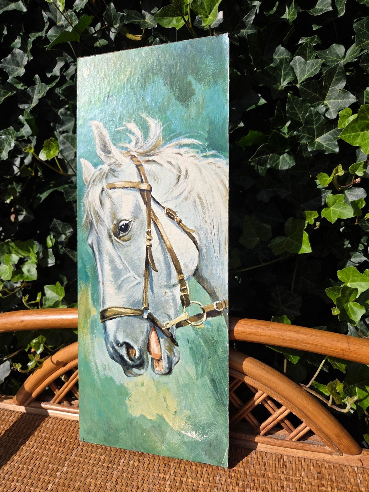 vintage schilderij van een paard, 50x19,5 cm, Paneel, Realistisch, Dieren, Ophalen of Verzenden