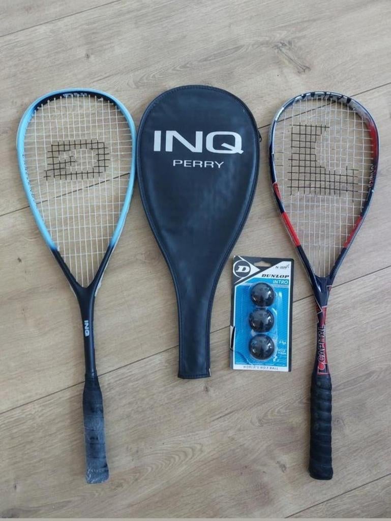 2 squashrackets + 3 nieuwe squashballen, Ophalen
