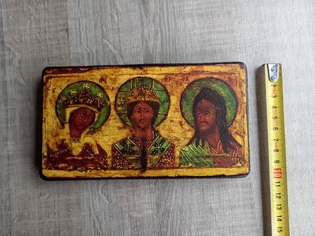 Oud Houten Icoon met Deësis Afbeelding 2, Ophalen of Verzenden