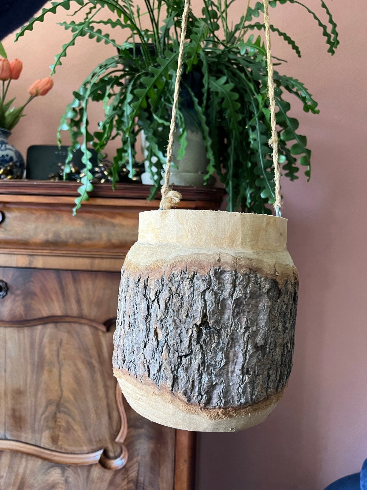 Unieke Hangpot Boomstam - Natuurlijke Decoratie, Tuin en Terras, Ophalen, Zo goed als nieuw