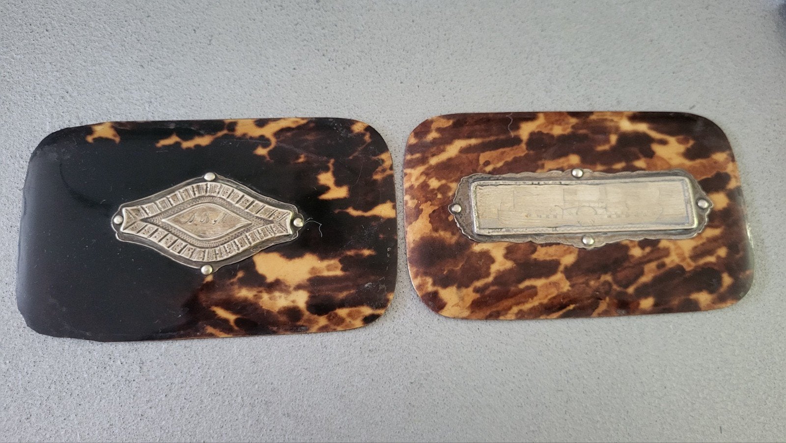 Antieke schildpad plaatjes met zilver beslag, Ophalen of Verzenden