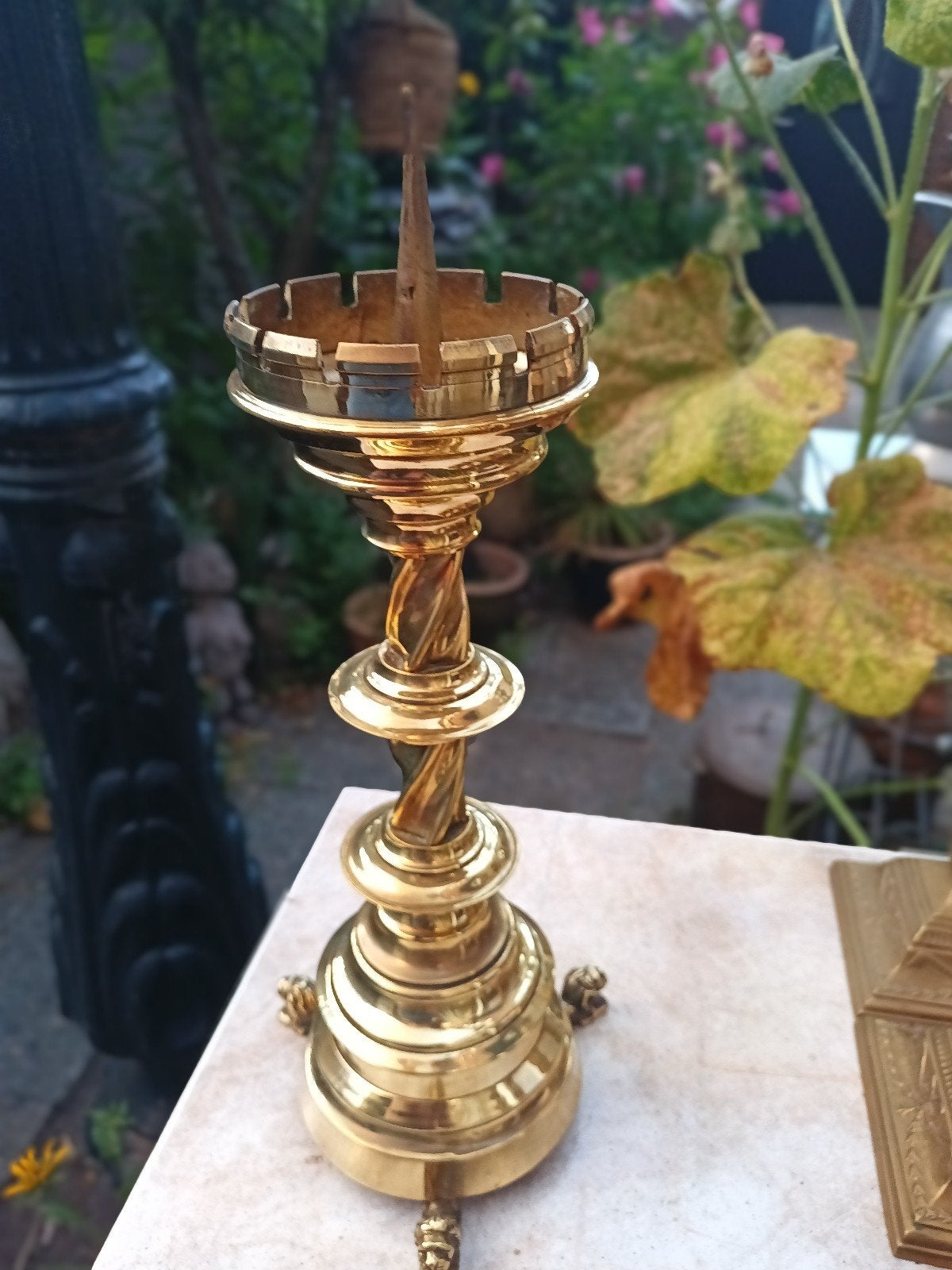 Antieke koperen kandelaar 50 cm met gedraaide stam, Ophalen of Verzenden