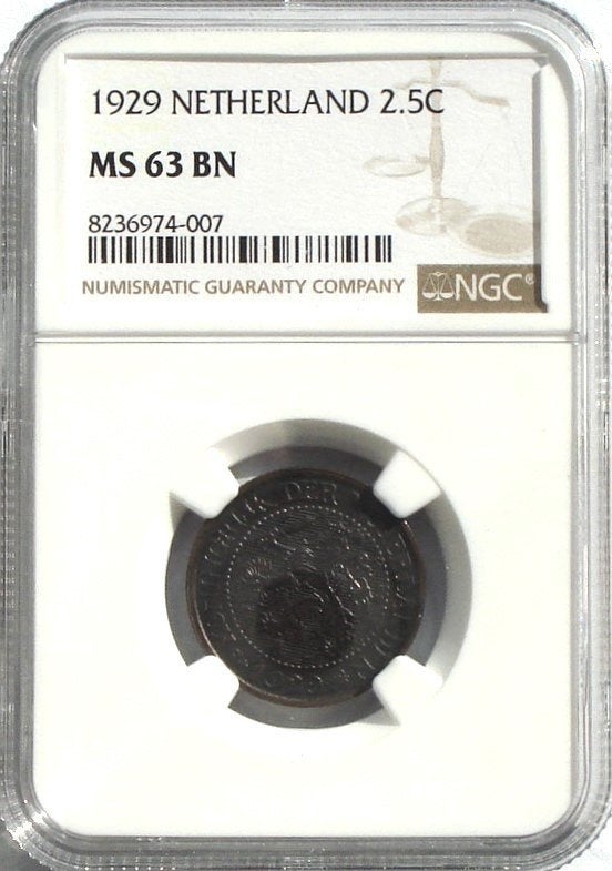Nederland 2,5 cent 1929 (in NGC slab, MS63BN), Ophalen of Verzenden, Koningin Wilhelmina, Overige waardes, Losse munt