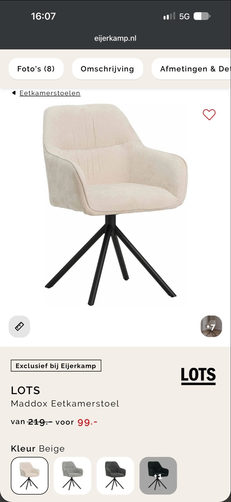 Eijerkamp Maddox Eetkamerstoel (5 stuks) draaibaar- Beige, Ophalen, Overige kleuren, Zo goed als nieuw, Eén