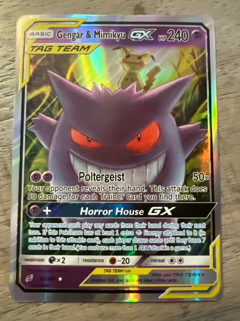 Gengar & Mimikyu GX TAG TEAM Pokémon Kaart, Ophalen of Verzenden, Zo goed als nieuw, Losse kaart, Foil