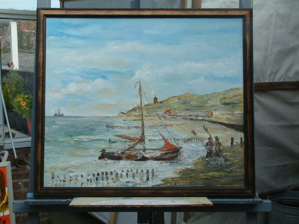 strand vissers  Walcheren 50 x70 cm, Ophalen, Maritiem / water, Doek, Gesigneerd