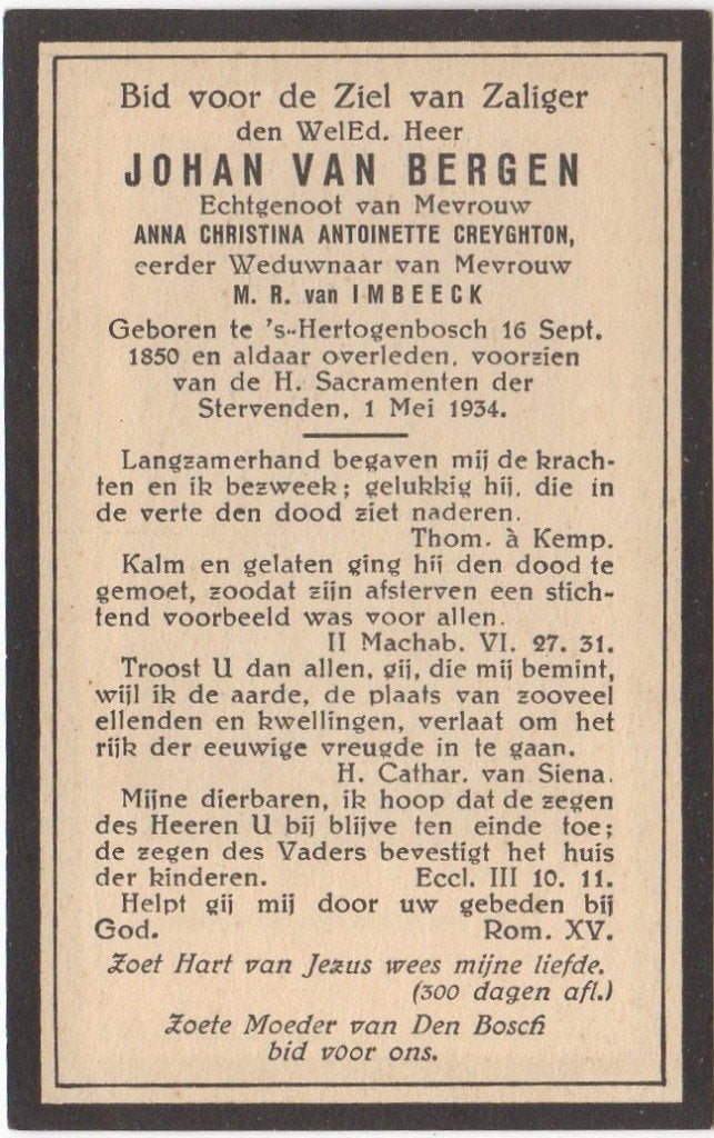 Johan van Bergen 1850 - 1934 Den Bosch, 83 jaar oud, Verzenden