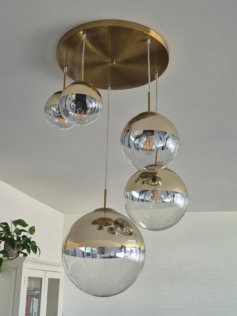 cluster gouden hanglamp glazen bollen, Ophalen, Zo goed als nieuw, Glas, Modern