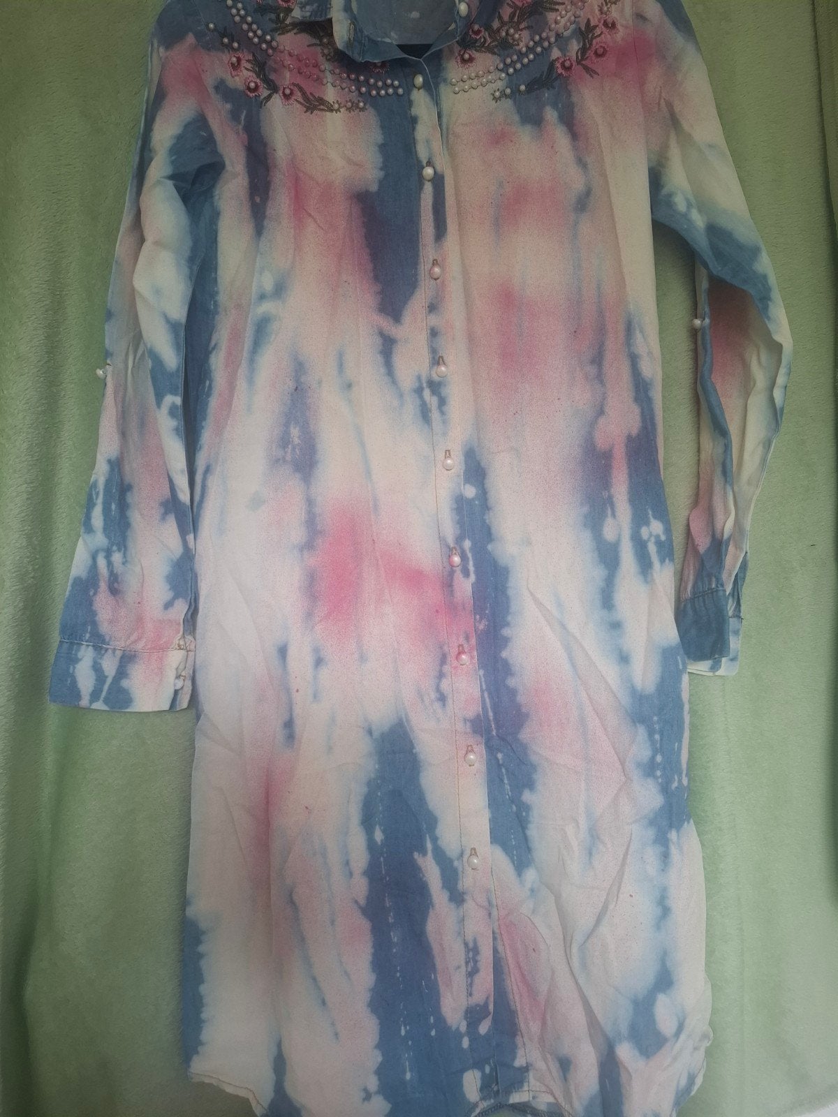 Kleurige denimlook shirtjurk mt 38 met leuke details, Maat 38/40 (M), FOR SHE, Meerkleurig, Ophalen of Verzenden