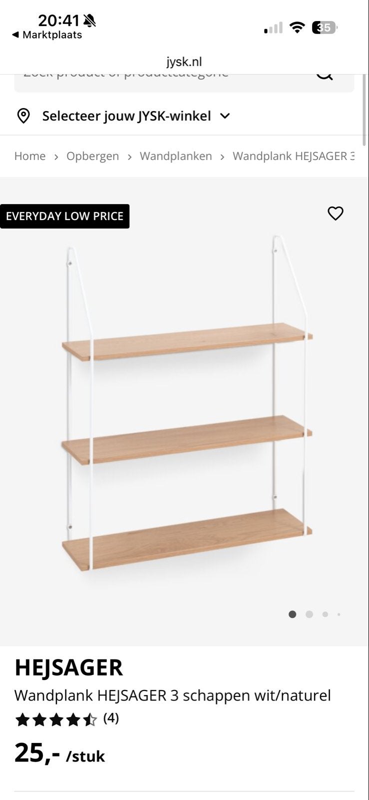 JYSK HEJSAGER wandplank 3 schappen wit/naturel, Ophalen, Nieuw