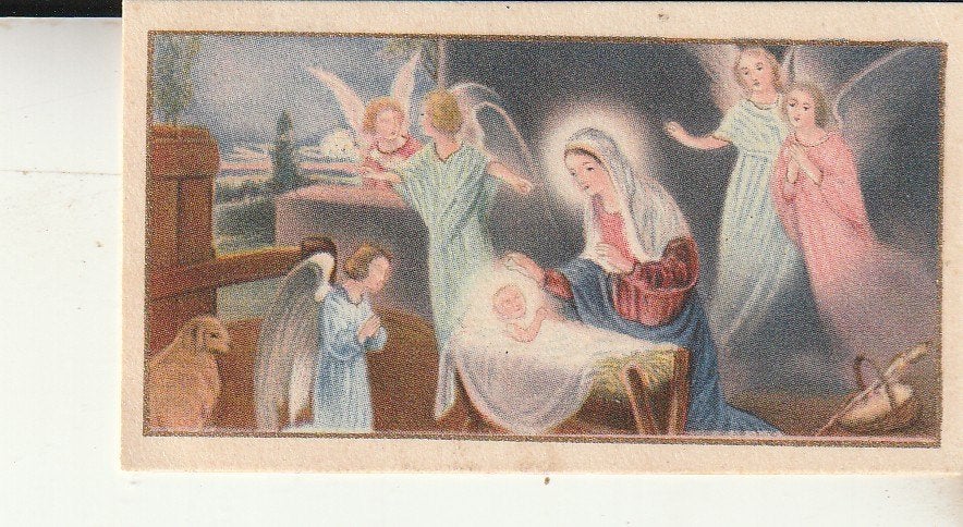 Vintage prentje: Geboorte van Jezus met Engelen, Ophalen of Verzenden, Gebruikt, Kaart of Prent, Christendom | Katholiek