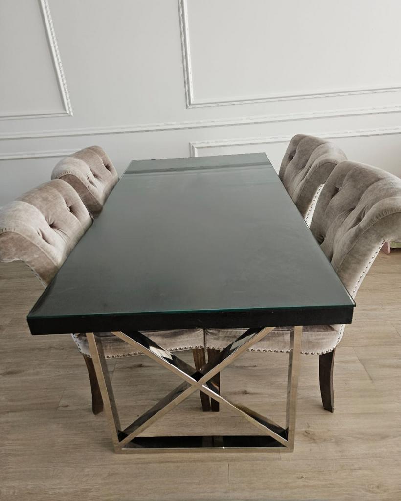 Eettafel Visgraat + Glasplaat, Huis en Inrichting, Tafels | Eettafels, Zo goed als nieuw, 50 tot 100 cm, 150 tot 200 cm, Rechthoekig