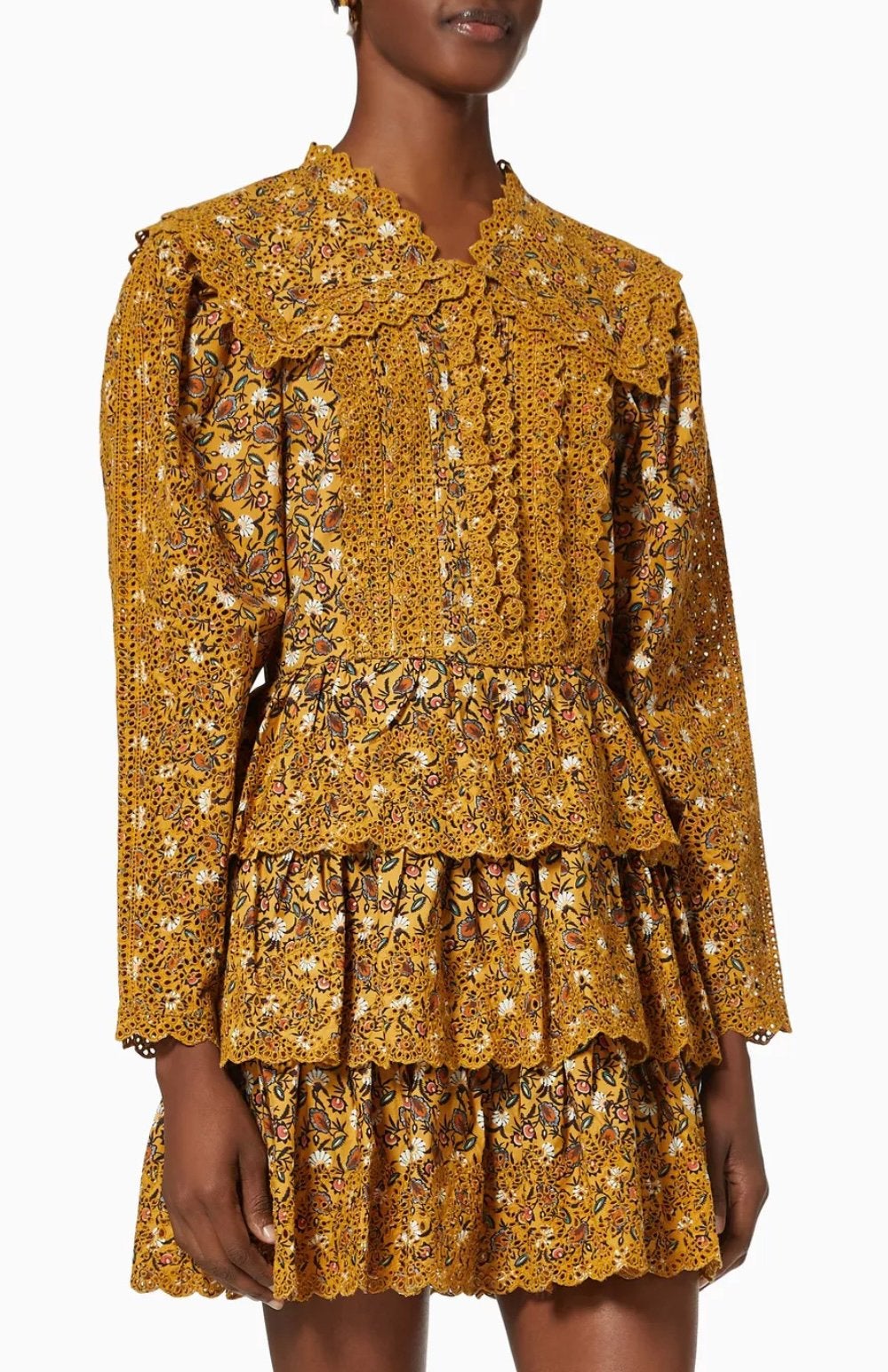 ULLA JOHNSON Mini Cotton Dress Ruffle Layered Boho Folk XS S, Geel, Ophalen of Verzenden, Zo goed als nieuw, Maat 34 (XS) of kleiner