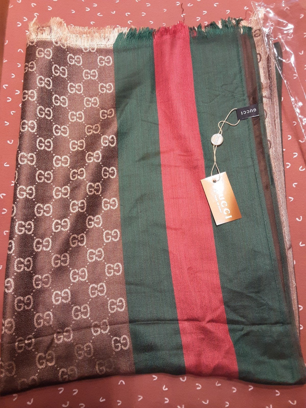 Nieuwe Gucci Sjaal - Bruin/Groen/Rood met GG-patroon, Gucci, Ophalen of Verzenden, Nieuw, Sjaal
