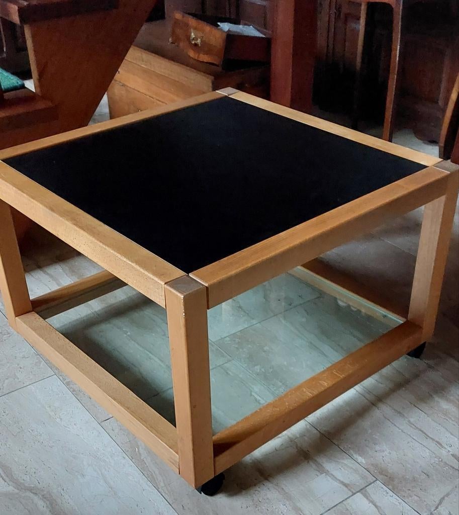 Lundia, vintage salontafeltje op wieltjes. Hout, glas., Ophalen, Gebruikt, 50 tot 100 cm, 50 tot 100 cm