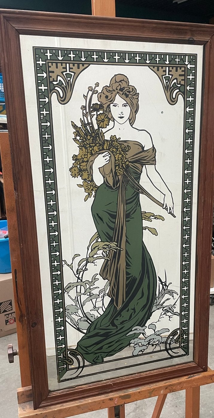 Art Nouveau spiegel met dame en bloemen, Ophalen of Verzenden, Rechthoekig, 50 tot 100 cm, 150 tot 200 cm