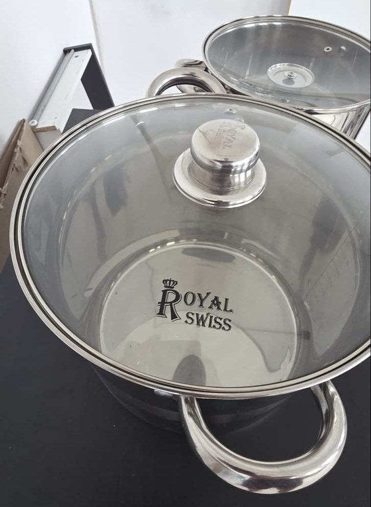 Royal Swiss Pannenset - 2 RVS pannen met glazen deksel, Ophalen, Nieuw, Rvs, Pannenset