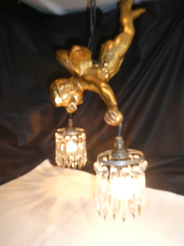 Vintage engellamp met kristallen druppels, Overige materialen, Vintage, Ophalen of Verzenden, B22 (Bajonetsluiting)
