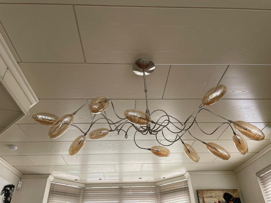 Fraai ontworpen dimbare hanglamp-ovaal halo, Ophalen, 50 tot 75 cm, Zo goed als nieuw, Glas