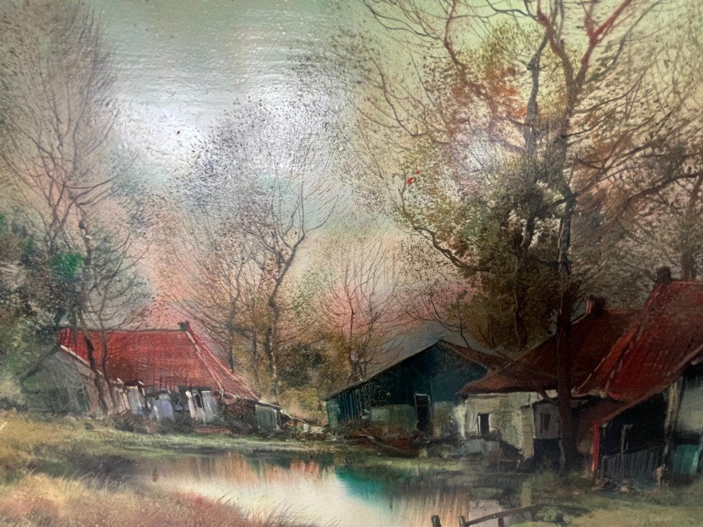 Schilderij Landschap, boerderij L. de Jong, Antiek en Kunst, Kunst | Schilderijen | Klassiek, Ophalen