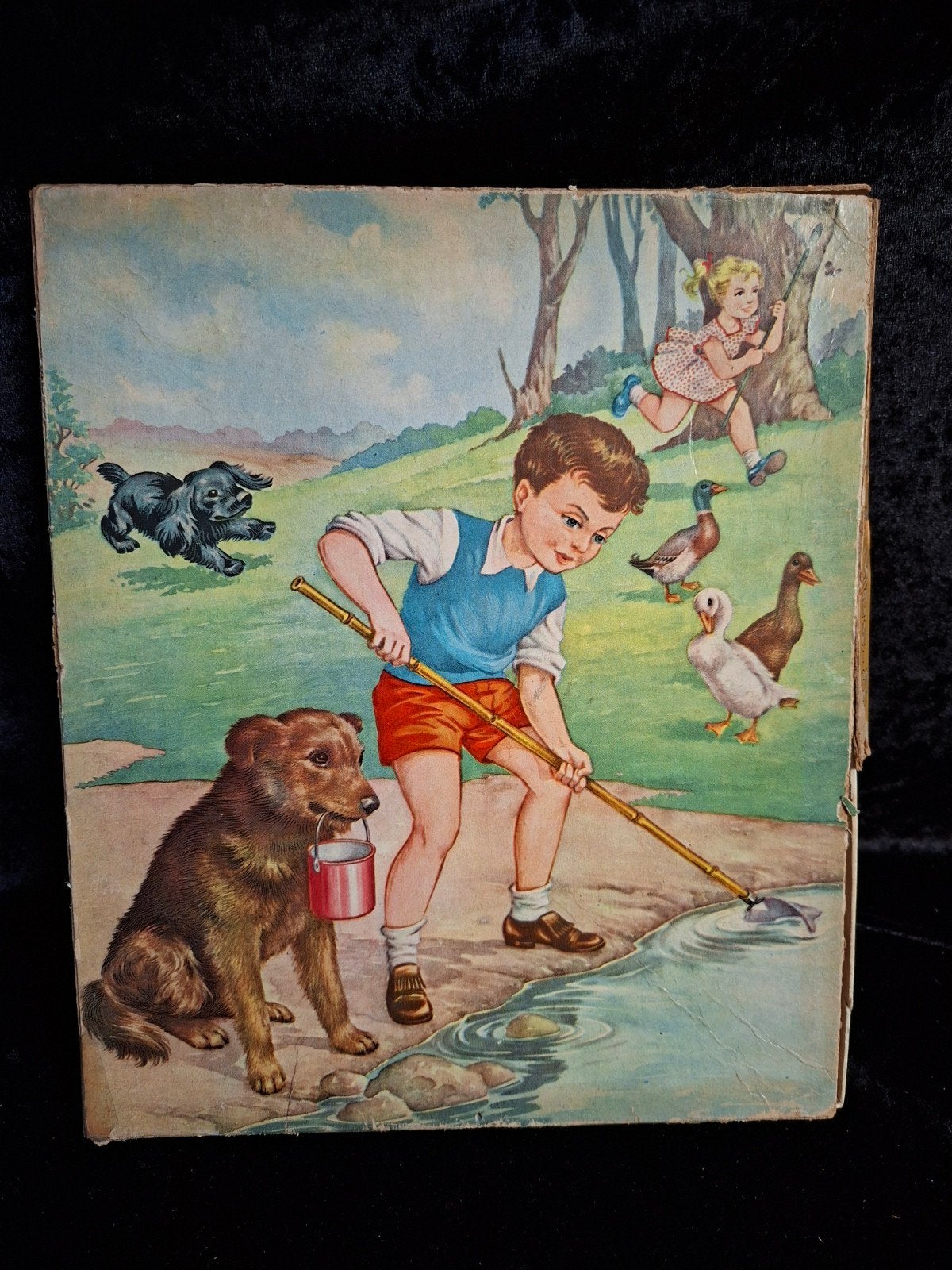 Vintage houten puzzel - Jongen met hond en eenden, Gebruikt, 10 tot 50 stukjes, Haven 49 2871 CL, Ophalen of Verzenden