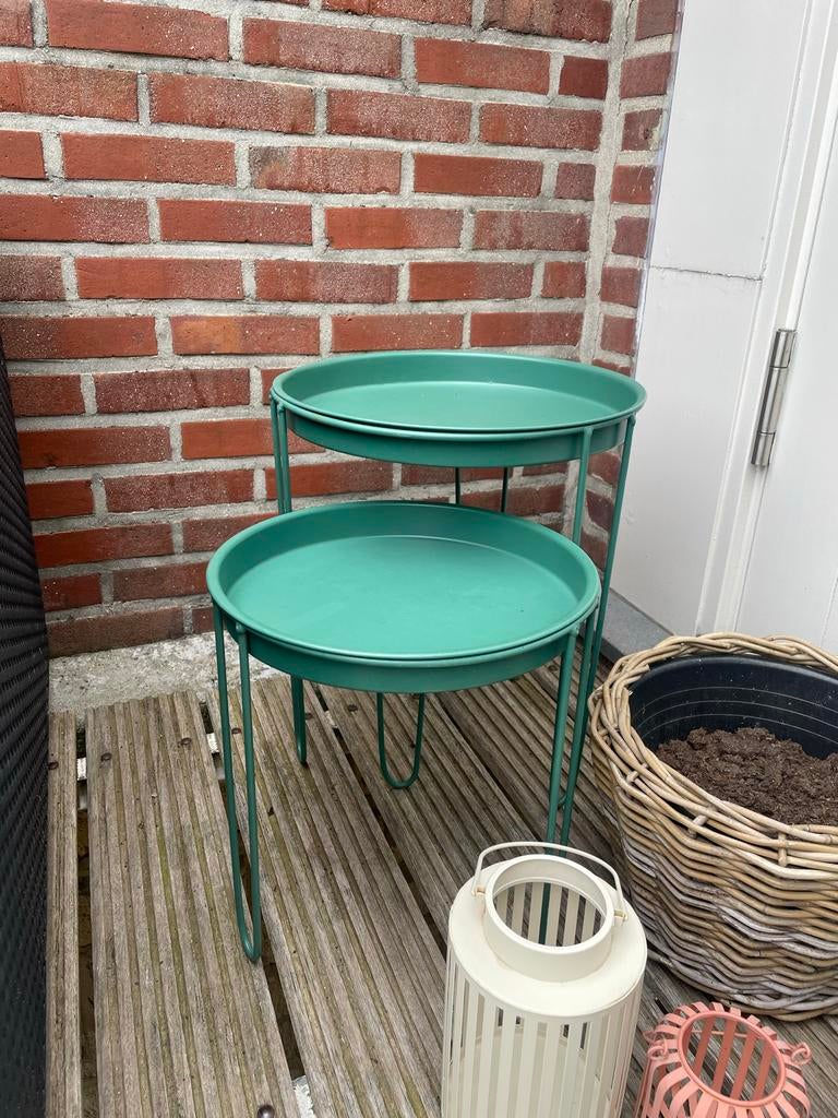 Groene metalen bijzettafel/plantenstandaard, Ophalen, Gebruikt