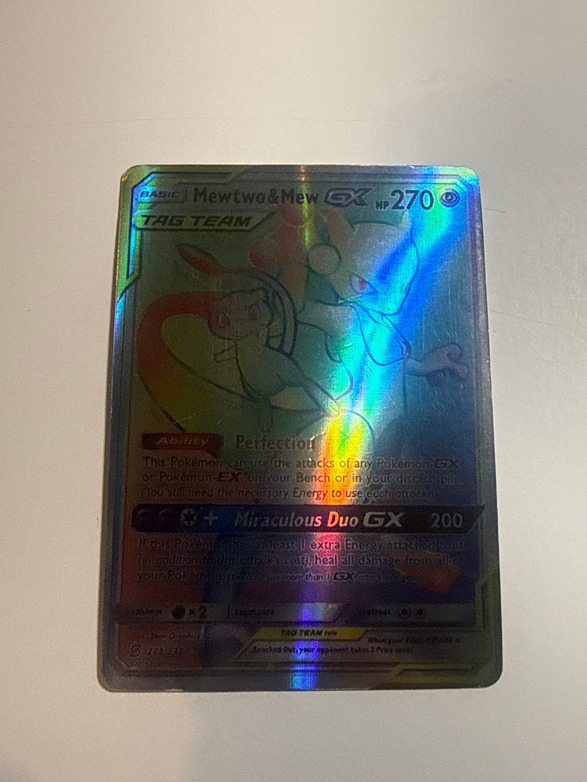 Mewtwo & Mew GX TAG TEAM Rainbow Rare Pokémon Kaart, Ophalen of Verzenden, Zo goed als nieuw, Losse kaart, Foil