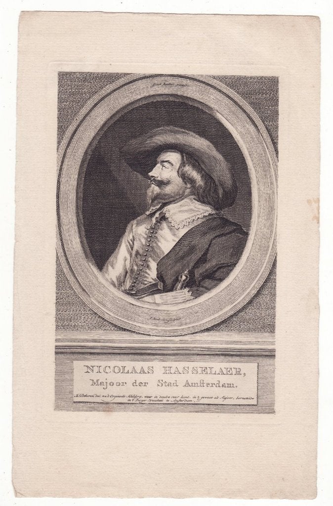 Nicolaas Hasselaer majoor der stad Amsterdam gravure, Verzenden, Portret, Gravure, Blanco verso