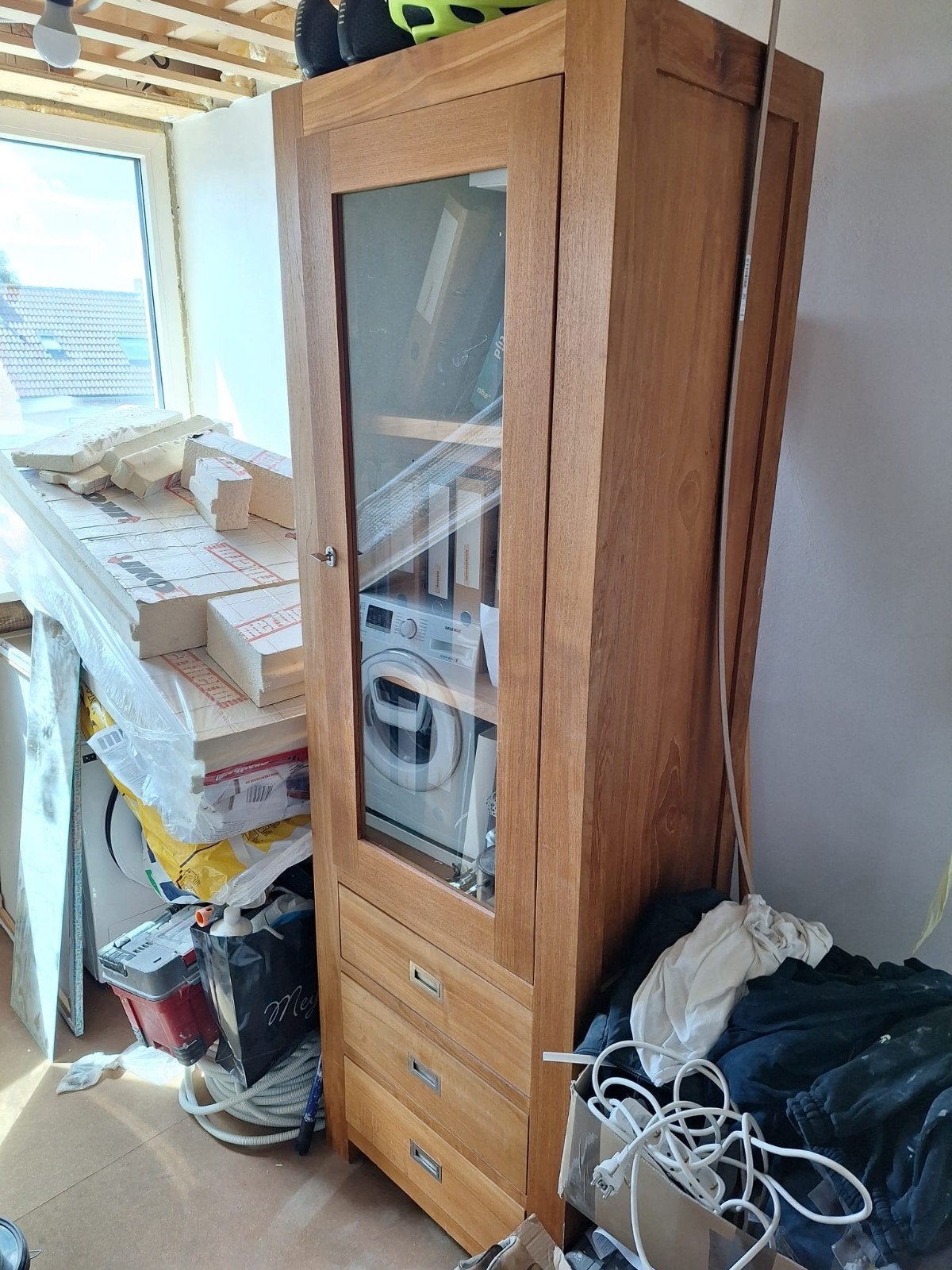 Teak houten kast, Ophalen, Met plank(en), Gebruikt, 200 cm of meer