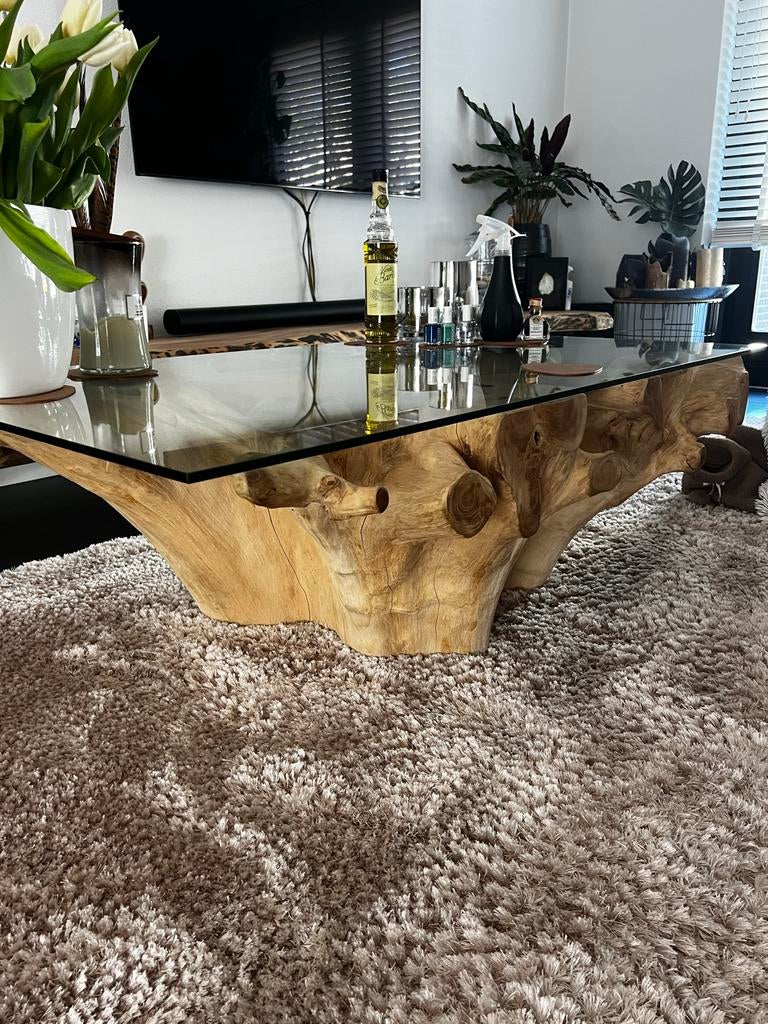 Unieke salontafel van massief boomstam met glazen blad, Ophalen, Gebruikt, 50 tot 75 cm, 150 tot 200 cm
